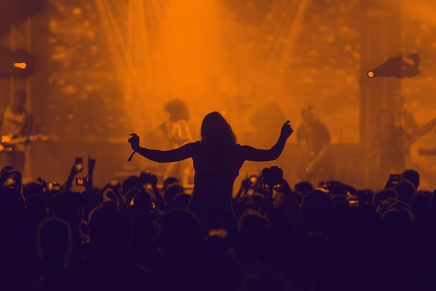 A performer silhouetted against stage light above a crowd